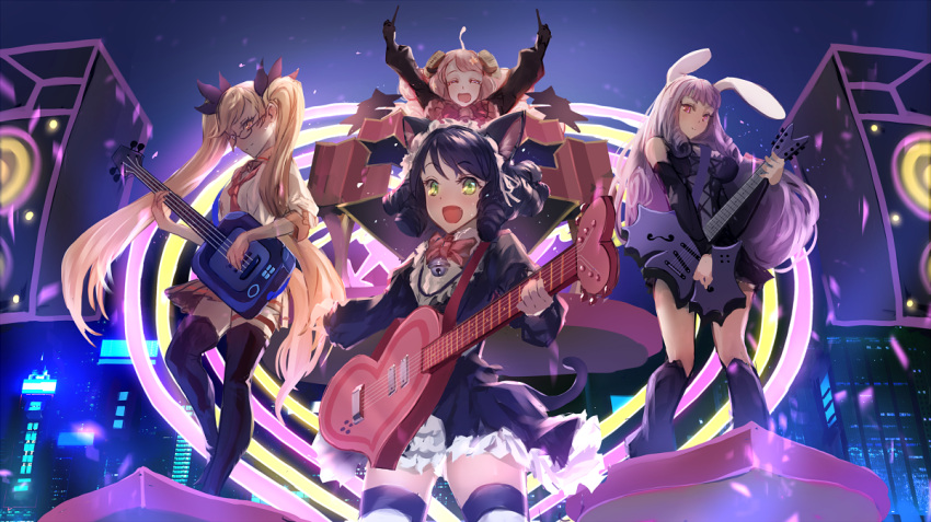 4girls animal_ears bare_shoulders bell black_dress blonde_hair cat_ears cat_tail chuchu_(show_by_rock!!) cyan_(show_by_rock!!) detached_sleeves dress drum drum_set electric_guitar glasses green_eyes guitar hair_ornament instrument long_hair makai_no_juumin moa_(show_by_rock!!) multiple_girls pink_eyes pink_hair purple_hair rabbit_ears retoree shirt show_by_rock!! skirt speaker stage striped striped_legwear tail thigh-highs twintails very_long_hair zettai_ryouiki