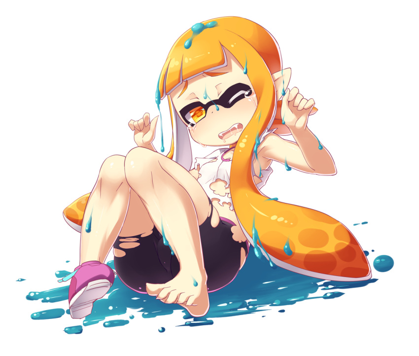 1girl ass bike_shorts blueberry_(5959) fangs full_body inkling long_hair looking_at_viewer mask one_eye_closed open_mouth orange_eyes orange_hair paint pointy_ears sexually_suggestive shirt shoe_ribbon shoes simple_background single_shoe sitting solo splatoon tears tentacles torn_clothes torn_shirt torn_shorts white_background white_shirt