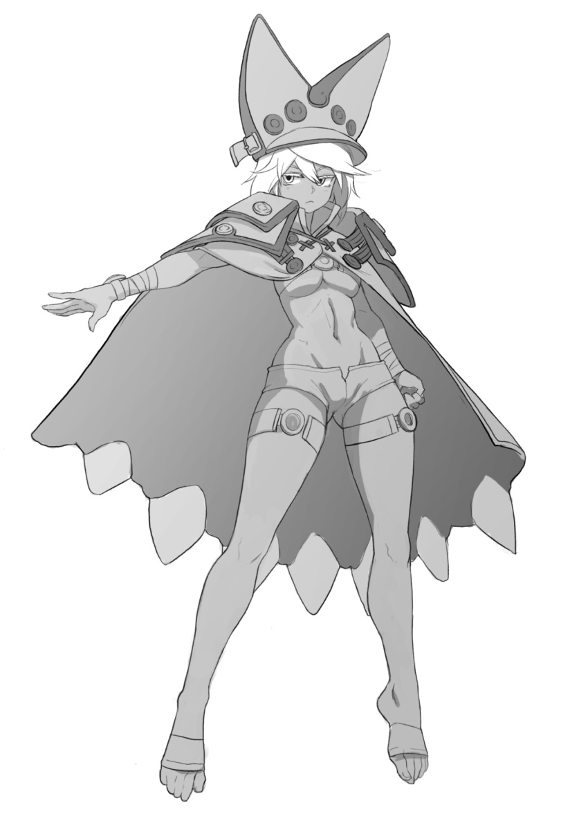 1girl :&lt; bandages barefoot beltbra breasts cape colo_(nagrolaz) dark_skin full_body greyscale guilty_gear guilty_gear_xrd hat highres long_legs midriff monochrome navel outstretched_hand ramlethal_valentine short_hair short_shorts shorts solo thigh_strap toes under_boob