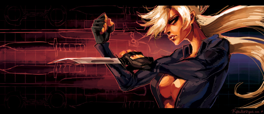 1girl breasts catsuit cleavage combat_knife dark_skin fingerless_gloves gloves hair_over_one_eye knife large_breasts letterboxed long_hair reverse_grip riftka silver_hair solo unzipped vanessa_lewis virtua_fighter weapon