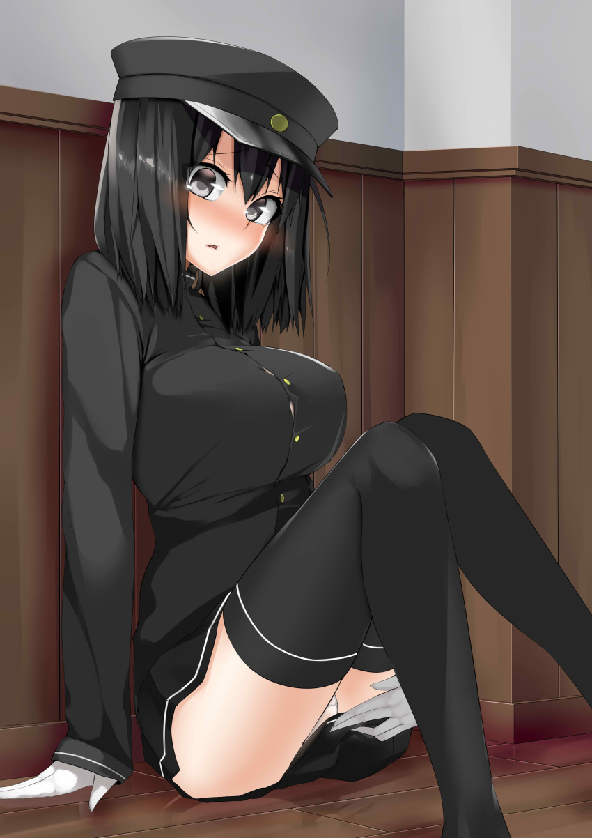 1girl absurdres akitsu_maru_(kantai_collection) arm_support black_eyes black_hair blush breasts caught covering covering_ass gloves hat highres kantai_collection large_breasts looking_at_viewer luonawei open_mouth panties pantyshot short_hair sitting solo thigh-highs underwear white_panties
