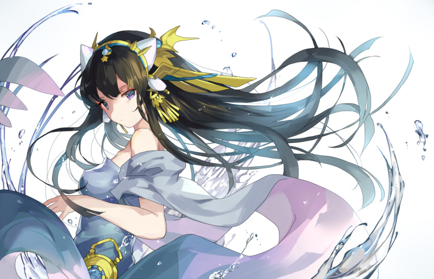 1girl bare_shoulders black_hair blue_dress dress hair_ornament hillly_(maiwetea) isis_(p&amp;d) long_hair looking_at_viewer puzzle_&amp;_dragons shawl solo very_long_hair violet_eyes wind