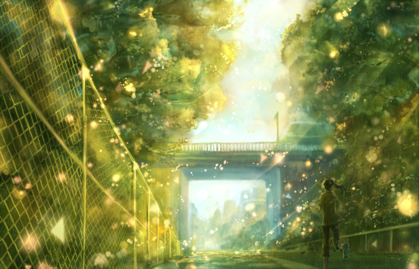1girl bou_nin bridge chain-link_fence city fence from_behind jogging lens_flare light_particles long_hair original ponytail road scenery sky solo street sunlight tree vanishing_point