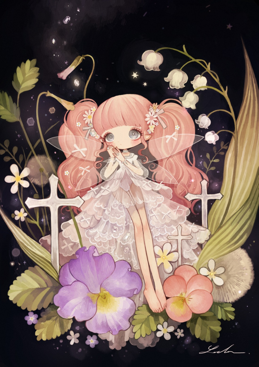 1girl bangs barefoot blunt_bangs blush choker cross dandelion dress fairy fairy_wings flower gem grey_eyes hair_flower hair_ornament hair_ribbon highres jewelry lace lalala222 layered_dress lily_of_the_valley long_hair long_legs long_sleeves original payot pink_hair pointy_ears ribbon ring see-through signature solo twintails violet_(flower) wavy_hair white_dress white_pupil wings