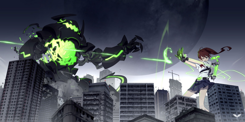 1girl battle belt brown_hair building city destruction full_moon giantess gloves highres horns long_hair monster moon open_mouth original outstretched_arms pleated_skirt ponytail skirt upscaled wayjilam wince