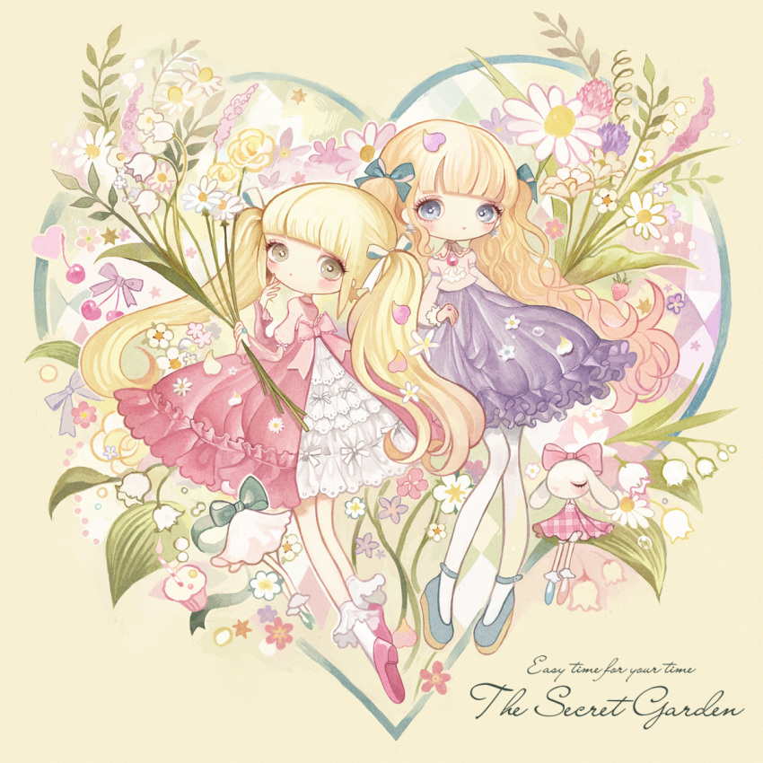 2girls bangs blonde_hair blue_eyes blue_shoes blunt_bangs blush bobby_socks bow brooch brown_eyes chamomile cherry clover_(flower) cupcake dress earrings floral_background flower food frilled_dress frills from_behind fruit hair_ribbon hand_on_own_face heart highres holding jewelry lalala222 lily_of_the_valley lolita_fashion long_hair long_sleeves looking_at_viewer looking_back multiple_girls mushroom nail_polish original pantyhose petals pink_dress pink_shoes purple_dress rabbit red_nails ribbon ring shoes socks star star_earrings strawberry twintails very_long_hair wavy_hair