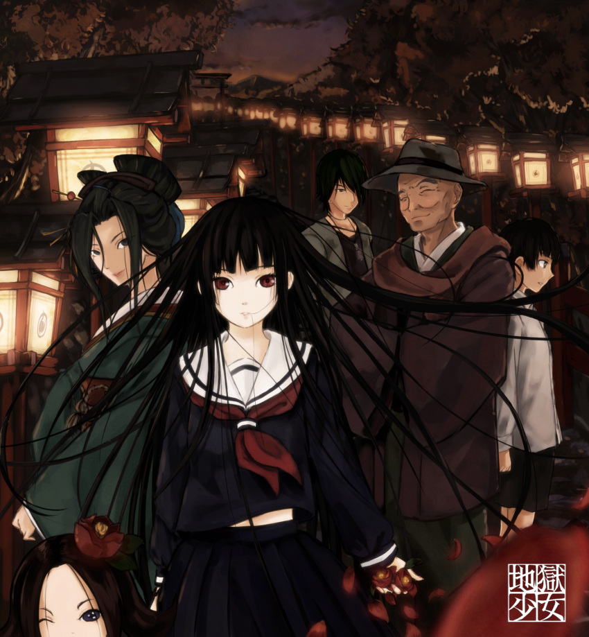 2boys 4girls black_eyes black_hair brown_hair character_request closed_eyes enma_ai fedora hair_in_mouth hair_ornament hair_stick hat highres hone_onna ichimoku_ren japanese_clothes jigoku_shoujo kimono light_smile long_hair long_sleeves looking_at_viewer maki_(maki_pei) multiple_boys multiple_girls neckerchief night obi one_eye_closed outdoors parted_lips petals pleated_skirt red_eyes sash school_uniform serafuku short_hair skirt torii tree very_long_hair wanyuudo wooden_lantern