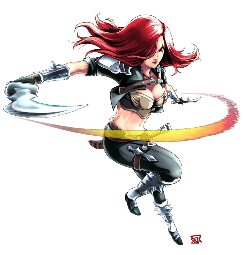 1girl artist_request bra breasts cleavage gloves greaves highres katarina_du_couteau knife league_of_legends leg_belt long_hair looking_at_viewer midriff navel red_eyes redhead scar sheath sheathed shoulder_pads slashing solo throwing_knife underwear vambraces white_background