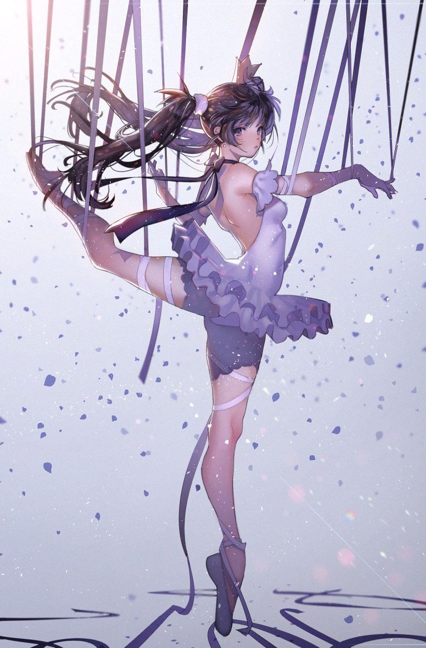 1girl aruterra ballerina ballet ballet_slippers bare_back bare_legs black_hair choker crown dress flexible full_body highres legs lens_flare long_hair looking_at_viewer looking_to_the_side no_legwear original outstretched_leg restrained ribbon ribbon_choker solo tutu twintails