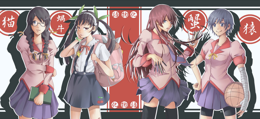 :3 backpack bag bakemonogatari bandage bandages bike_shorts black_hair blue_eyes blue_hair boxcutter braid glasses hachikuji_mayoi hair_ribbon hairband hanekawa_tsubasa kanbaru_suruga long_hair monogatari_(series) multiple_girls necktie purple_hair red_eyes ribbon school_uniform scissors senjougahara_hitagi short_hair skirt smile socks stapler stationery thigh-highs thighhighs twin_braids twintails wink yakitori yakitori_(artist) zettai_ryouiki