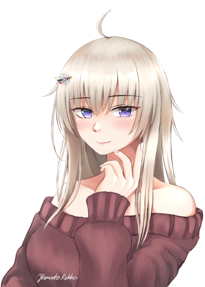 1girl ahoge ak74m_(girls'_frontline) arm_up artist_name bangs bare_shoulders blonde_hair blush breasts closed_mouth eyebrows_visible_through_hair girls_frontline hair_between_eyes hair_ornament highres long_hair looking_at_viewer medium_breasts off-shoulder_sweater off_shoulder pink_sweater rekka_yamato russian_flag smile snowflake_hair_ornament solo sweater upper_body violet_eyes white_background