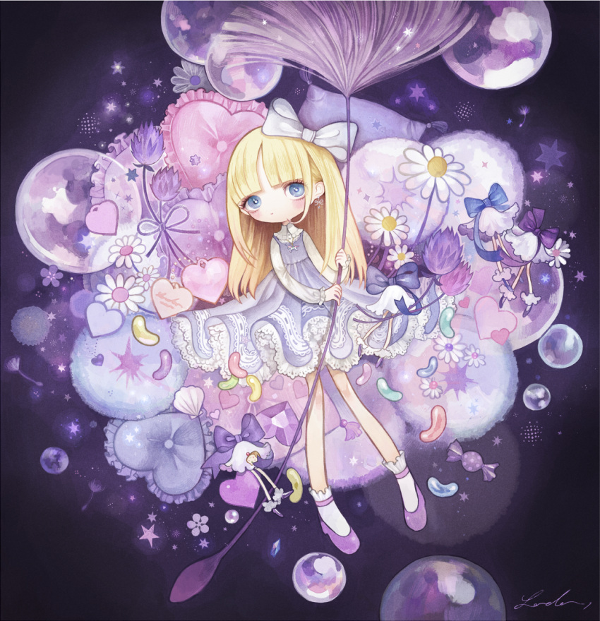 1girl bangs blonde_hair blue_eyes blunt_bangs blush bow bubble candy chamomile dandelion dandelion_seed dress earrings flower frilled_dress frilled_pillow frills full_body gem hair_bow heart heart_pillow holding jelly_bean jewelry lalala222 lolita_fashion long_hair long_legs long_sleeves looking_at_viewer necklace original pillow purple_dress purple_shoes ribbon-trimmed_clothes ribbon_trim shirt shoes signature smile socks solo star unicorn white_bow white_legwear white_shirt
