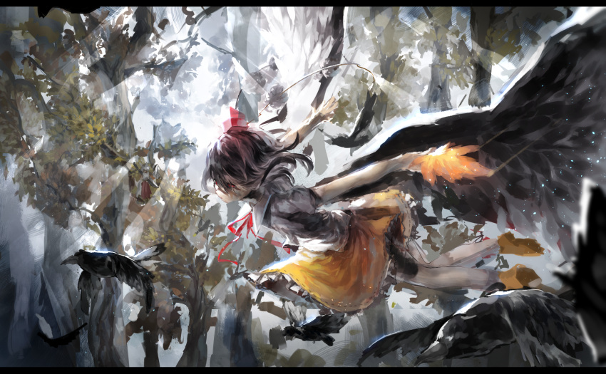 1girl bird bird_wings black_hair crow fan flying forest hat hat_ribbon highres large_wings nature nazoko pom_pom_(clothes) puffy_sleeves red_eyes ribbon shameimaru_aya shirt skirt solo tokin_hat touhou wings