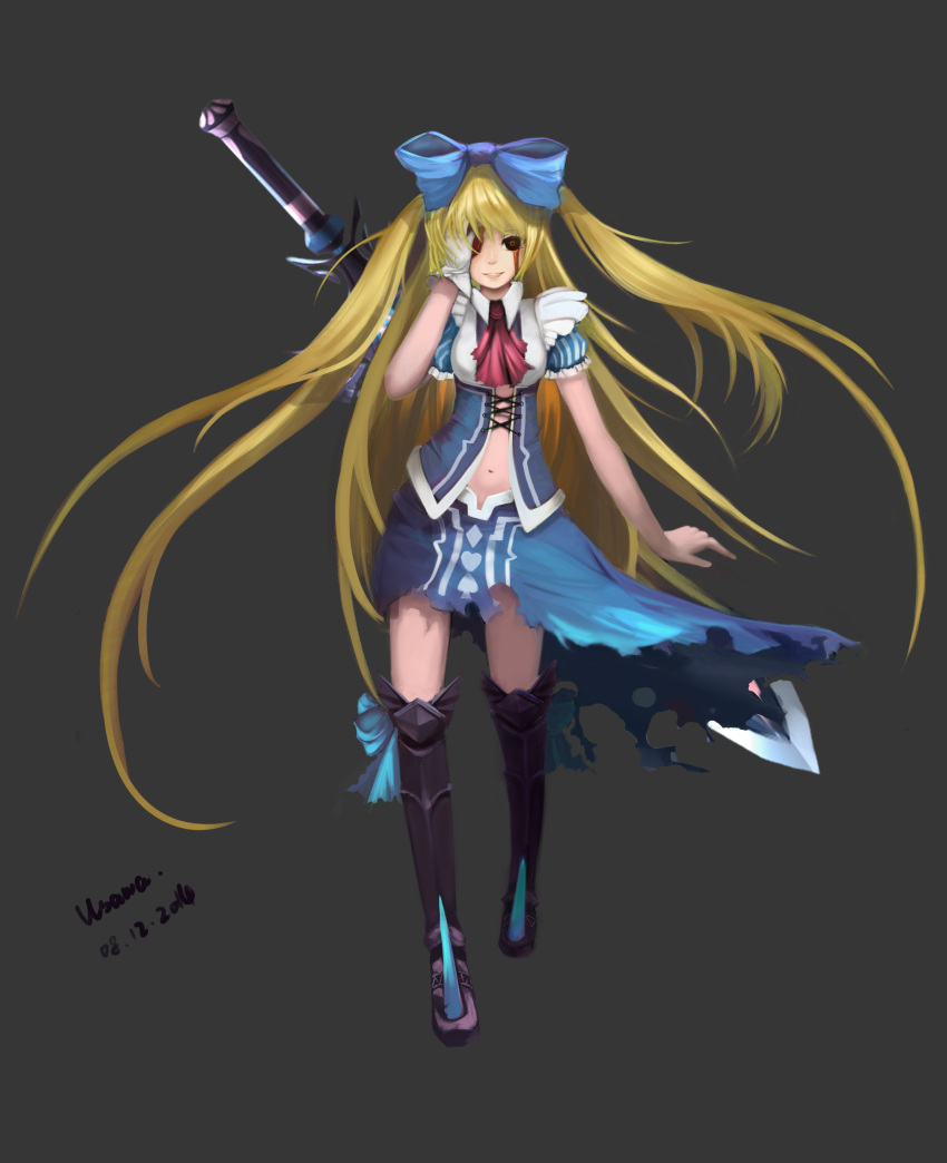 1girl 2016 absurdres artist_name black_sclera blonde_hair blood bloody_tears boots bow breasts claymore_(sword) commentary_request covering_one_eye cravat crazy_smile dated dress evil_grin evil_smile full_body gloves grey_background grin hair_bow highres huge_weapon lips looking_at_viewer navel original parted_lips puffy_short_sleeves puffy_sleeves red_eyes ringed_eyes short_sleeves signature simple_background single_glove skirt smile solo sword thigh-highs thigh_boots torn_clothes torn_skirt two_side_up usawa weapon white_gloves zettai_ryouiki
