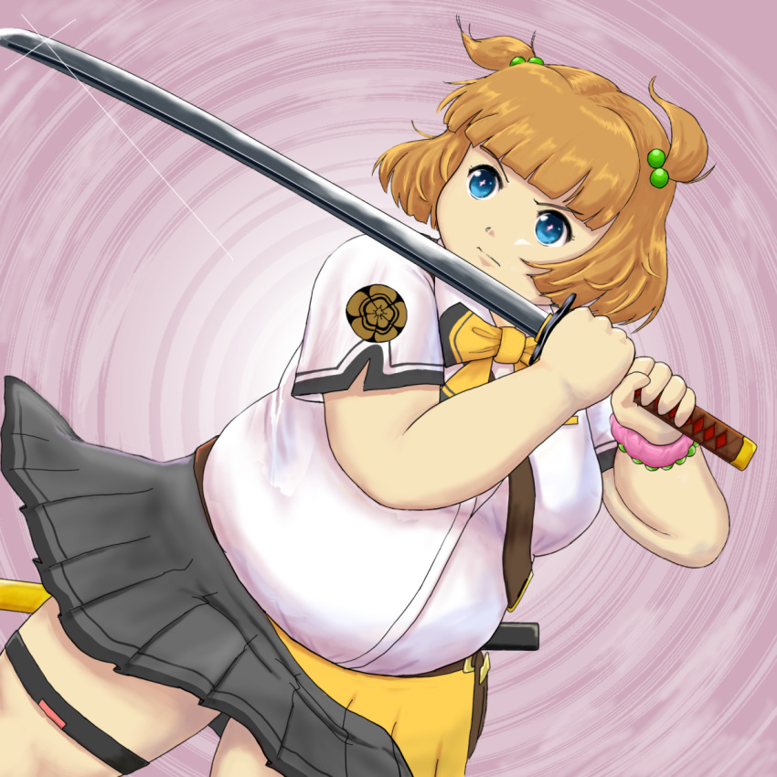 1girl big_belly blue_eyes bracelet breasts brown_hair determined fat female flower-shaped_pupils hair_bobbles hair_ornament hasebe_shikiri highres jewelry katana large_breasts pleated_skirt purple_background school_uniform shinken!! short_hair skirt solo sword thigh_strap two_side_up uhihyau weapon wristband