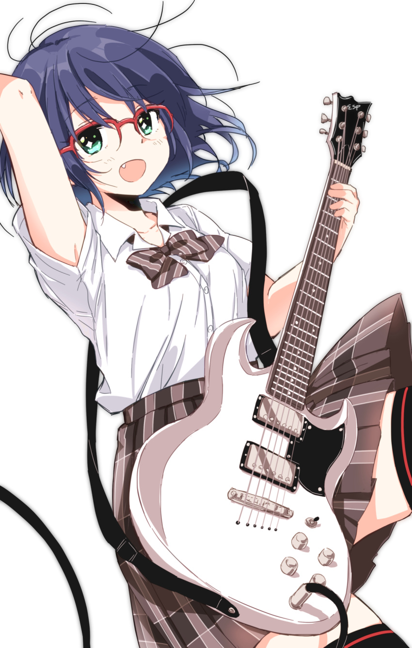 1girl aqua_eyes bowtie cyan_(show_by_rock!!) electric_guitar fang glasses guitar highres instrument looking_at_viewer nikotamu open_mouth over-rim_glasses purple_hair red-framed_glasses school_uniform semi-rimless_glasses short_hair short_sleeves show_by_rock!! simple_background smile solo thigh-highs white_background zettai_ryouiki