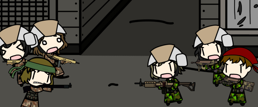 &gt;_&lt; 3boys 3girls aaf_(arma) arma_(series) arma_3 assault_rifle bandanna bullpup camouflage chibi clenched_teeth fn_eglm fn_f2000 fn_slp grenade_launcher gun hachimaki load_bearing_vest machine_gun mark_20 mark_200 mark_20gl mofumofunya_(myonnyanmukyuu) mx_ar mxc nato_(arma) o_o operator shotgun tagme walfas weapon