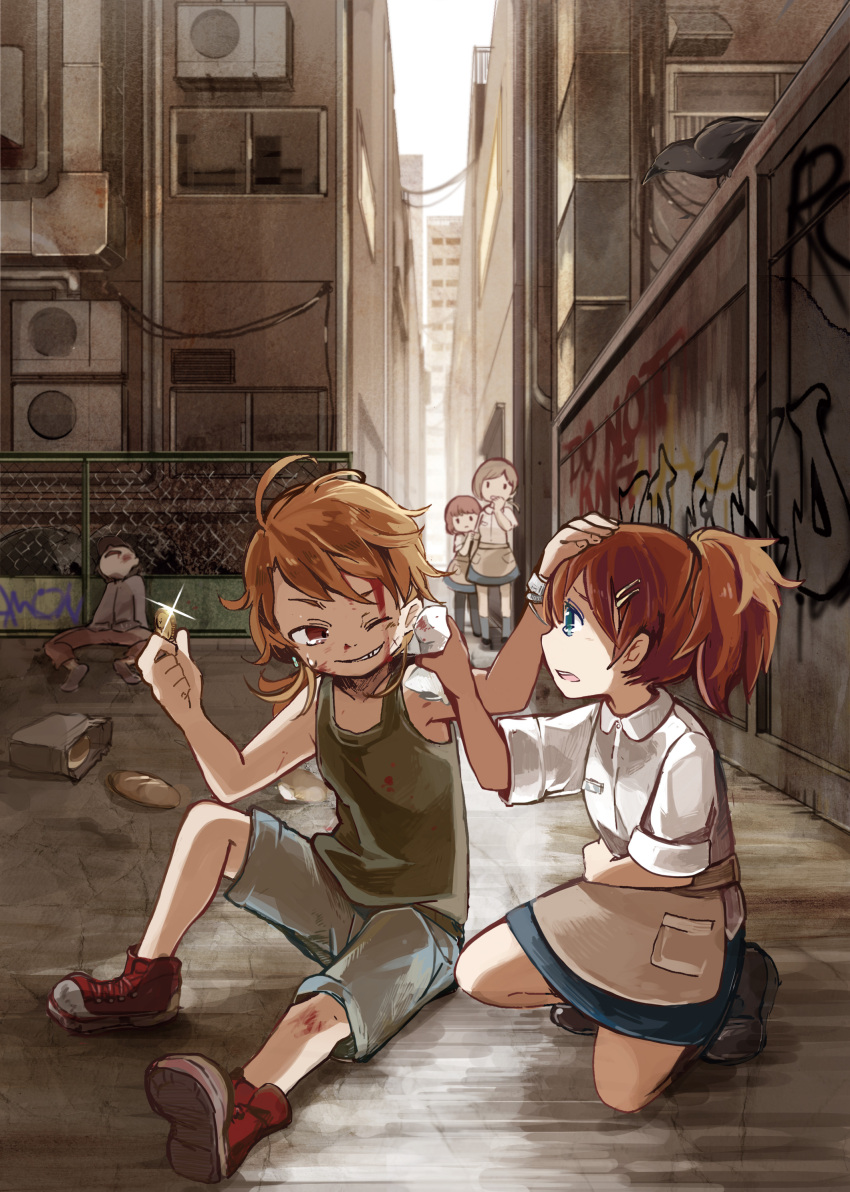 2boys 3girls absurdres air_conditioner alley arm_grab bag blonde_hair blood bracelet bread brown_hair bruise cityscape coin commentary_request earrings fence food graffiti grin grocery_bag hand_on_another's_head hand_to_own_mouth highres injury jewelry kneehighs kneeling looking_at_another multiple_boys multiple_girls one_eye_closed open_mouth original ponytail sakata_kaname shiny shirt shopping_bag shorts sitting skirt smile tears unconscious wiping_face wire