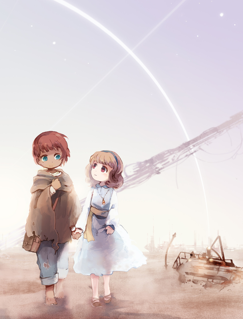 1boy 1girl bag barefoot belt blonde_hair blue_eyes brown_eyes commentary_request couple dress hair_ribbon highres holding_hands looking_at_another medallion original pants redhead ribbon rug sakata_kaname science_fiction shoes short_hair skyline smile star_(sky) torn_clothes torn_pants walking