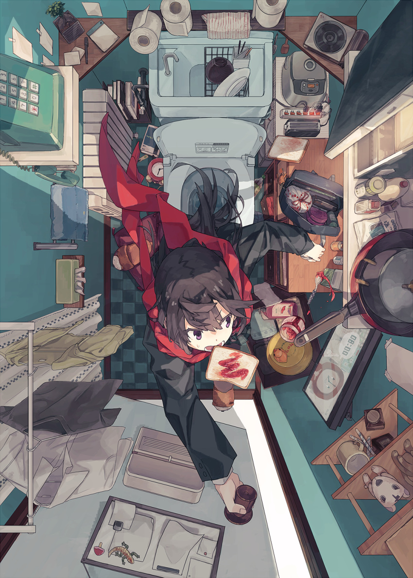 1girl black_hair book bowl chopsticks clock cup frying_pan hangar highres hitomai jam jar kagerou_project long_hair magnet notepad open_mouth pen pencil_case phone plant plate pot red_scarf rubber_duck scarf slippers solo sweatdrop tape tateyama_ayano television tile_floor tiles tissue toast toilet toilet_paper toilet_seat towel violet_eyes water