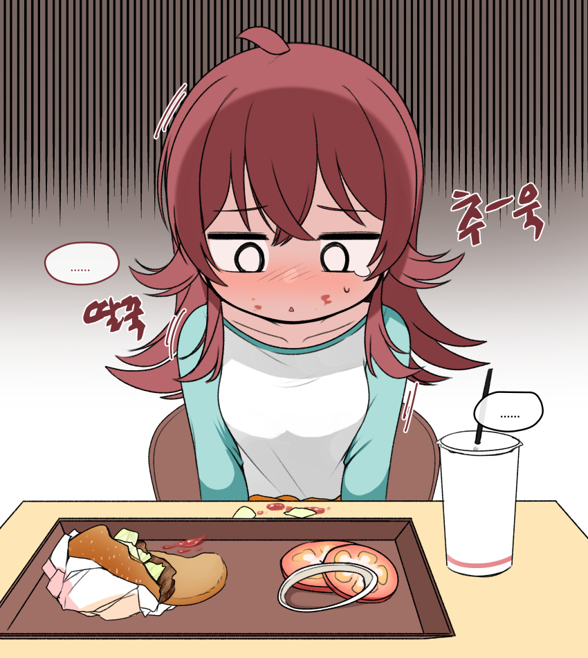 ... 0_0 1girl absurdres ahoge bangs blue_sleeves blush breasts burger chair collarbone drink drinking_straw female_child food food_on_face gloom_(expression) gradient gradient_background grey_background hair_between_eyes hair_flaps happy_meal highres idolmaster idolmaster_shiny_colors ketchup komiya_kaho korean_commentary long_hair long_sleeves looking_down onion_rings parted_lips pelican_(s030) redhead safe shirt sitting small_breasts solo spoken_ellipsis table tearing_up tomato tray upper_body white_shirt