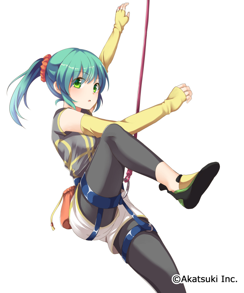 1girl absurdres carabiner detached_sleeves emilion fingerless_gloves gloves green_eyes green_hair harness highres leggings looking_at_viewer ponytail rock_climbing rope solo