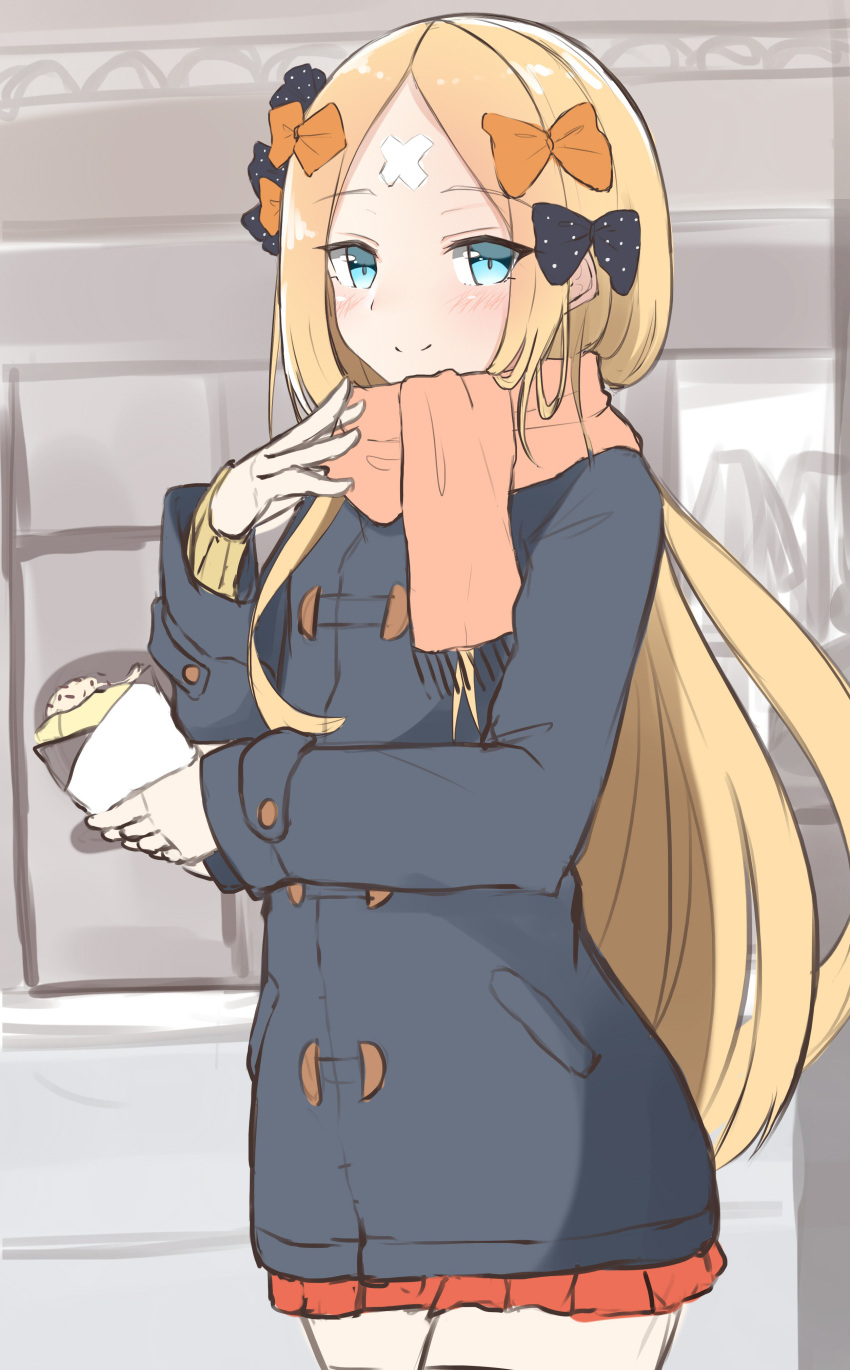 1girl abigail_williams_(fate/grand_order) absurdres bangs black_bow blonde_hair blue_eyes blush bow casual closed_mouth coat crepe eyebrows_visible_through_hair fate/grand_order fate_(series) food forehead hair_bow highres holding holding_food long_hair long_sleeves looking_at_viewer moyoron orange_bow parted_bangs pleated_skirt polka_dot polka_dot_bow scarf skirt smile solo very_long_hair