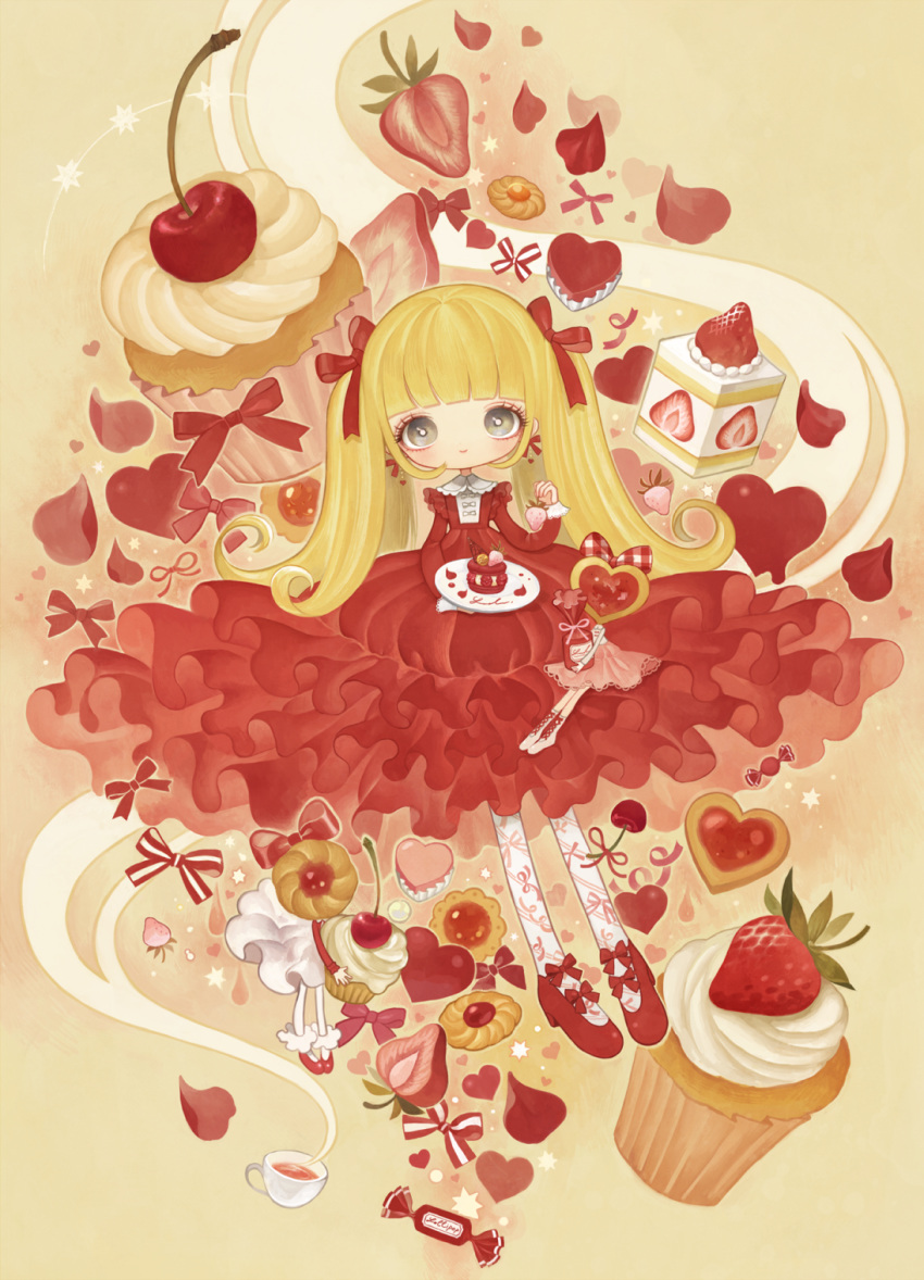 1girl bangs blunt_bangs bow candy cherry cup cupcake dress earrings food fruit grey_eyes hair_ribbon heart heart-shaped_food highres jewelry lalala222 layered_dress lolita_fashion long_hair long_sleeves looking_at_viewer original pantyhose petals plate print_legwear red red_dress red_ribbon red_shoes ribbon shoe_bow shoes smile solo strawberry teacup thumbprint_cookie twintails white_legwear white_pupil