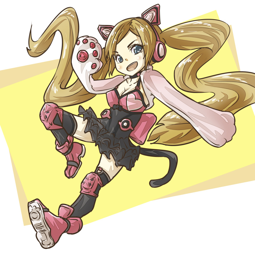 1girl absurdres animal_ears ankle_boots black_legwear blonde_hair blue_eyes boots breasts cat_ear_headphones cat_ears cat_tail chibi choker cleavage commentary_request full_body gloves headphones highres knee_pads long_hair lucky_chloe na_desuyone paw_gloves smile solo tail tekken tekken_7 thigh-highs very_long_hair