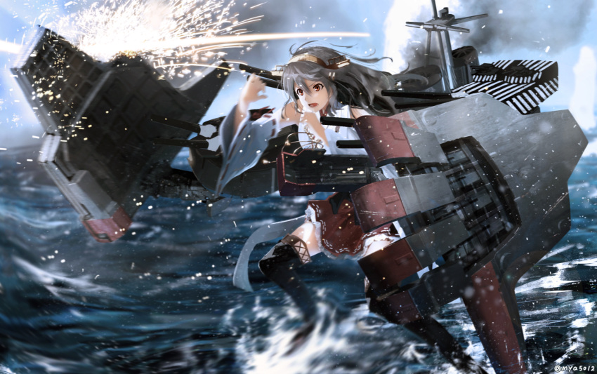 1girl bare_shoulders black_hair brown_eyes detached_sleeves hair_ornament hairband hairclip haruna_(kantai_collection) highres japanese_clothes kantai_collection long_hair m-ya nontraditional_miko open_mouth remodel_(kantai_collection) skirt solo striped thigh-highs
