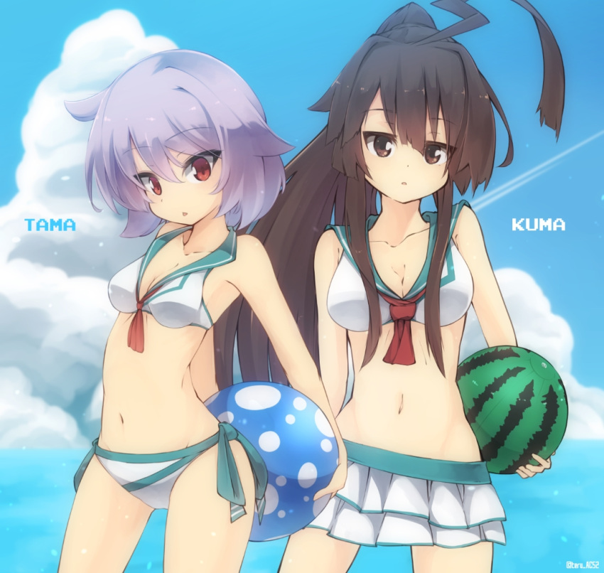 2girls adapted_costume ball beachball bikini bikini_skirt black_hair blue_sky breasts brown_eyes cleavage clouds collarbone kantai_collection kuma_(kantai_collection) long_hair multiple_girls navel neckerchief purple_hair red_eyes school_uniform serafuku sky swimsuit tama_(kantai_collection) teru_(kazanawa) very_long_hair white_bikini white_swimsuit