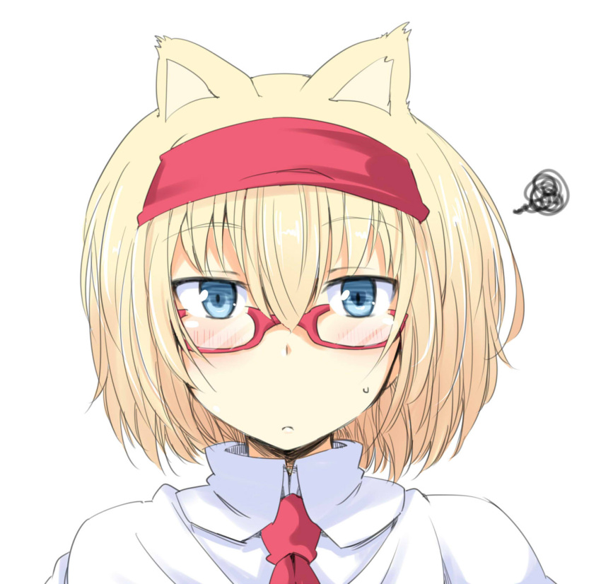 1girl alice_margatroid animal_ears bespectacled blonde_hair blue_eyes blush cat_ears chata_maru_(irori_sabou) glasses hairband highres kemonomimi_mode looking_at_viewer red-framed_glasses solo squiggle touhou upper_body
