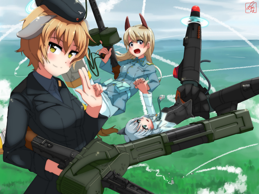 5girls animal_ears black_legwear blonde_hair blush cat_ears cat_tail eila_ilmatar_juutilainen flying green_eyes grey_hair gun long_hair looking_at_viewer military military_uniform multiple_girls necktie open_mouth pantyhose rocket_launcher sanya_v_litvyak short_hair strike_witches striker_unit tail uniform violet_eyes waltrud_krupinski weapon white_legwear yellow_eyes