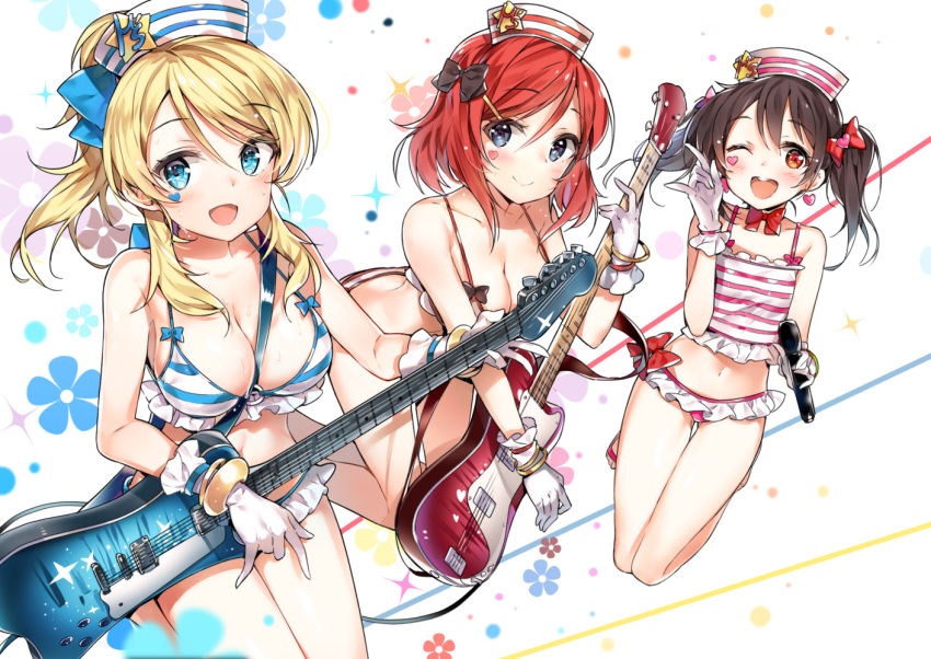 3girls ayase_eli bikini black_hair blonde_hair blue_eyes blush breasts cleavage cozyquilt frilled_bikini frills gloves guitar instrument long_hair love_live!_school_idol_project multiple_girls nishikino_maki one_eye_closed open_mouth ponytail red_eyes redhead short_hair smile swimsuit twintails violet_eyes white_gloves yazawa_nico