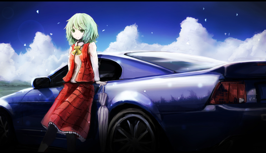 1girl backlighting black_legwear blue_sky bow car clouds collared_shirt colored_eyelashes field forest green_eyes green_hair kazami_yuuka kihuzinz leaning_back leaning_on_vehicle lens_flare long_skirt long_sleeves motor_vehicle mountain nature open_clothes open_vest plaid plaid_skirt plaid_vest reflection shirt skirt sky solo touhou vehicle vest wind