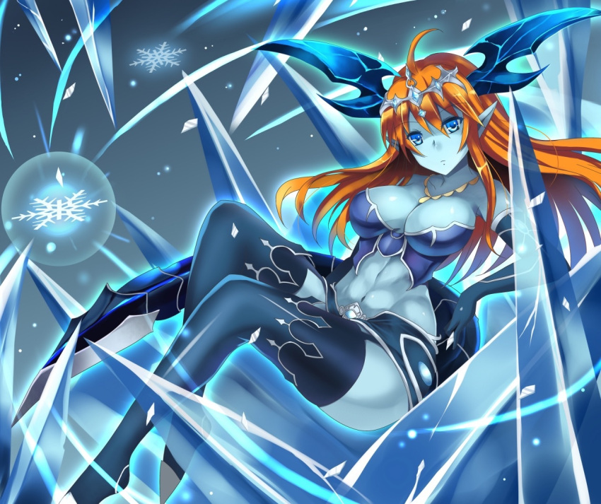 1girl a-na abs ahoge blue_eyes blue_skirt boots breasts headdress hera-is_(p&amp;d) horns ice jewelry long_hair looking_at_viewer navel necklace orange_hair pointy_ears puzzle_&amp;_dragons skirt snowflakes solo tail thigh-highs thigh_boots