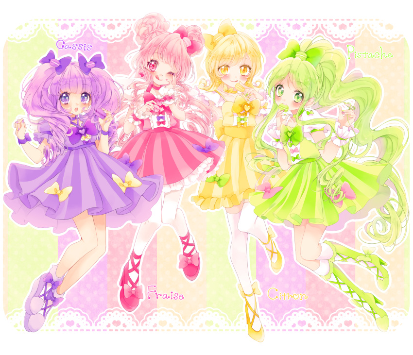 4girls blonde_hair boots bow brooch character_name choker cure_cassis_(uzuki_aki) cure_citron_(uzuki_aki) cure_fraise_(uzuki_aki) cure_pistache_(uzuki_aki) double_bun food_as_clothes food_themed_clothes green_boots green_bow green_eyes green_hair green_skirt hair_bow highres jewelry knee_boots long_hair macaron magical_girl multicolored_background multiple_girls original pantyhose pink_bow pink_eyes pink_hair pink_shoes pink_skirt ponytail precure purple_bow purple_hair purple_skirt shoes short_hair skirt socks striped striped_background thigh-highs twintails uzuki_aki violet_eyes white_legwear yellow_bow yellow_eyes yellow_shoes yellow_skirt