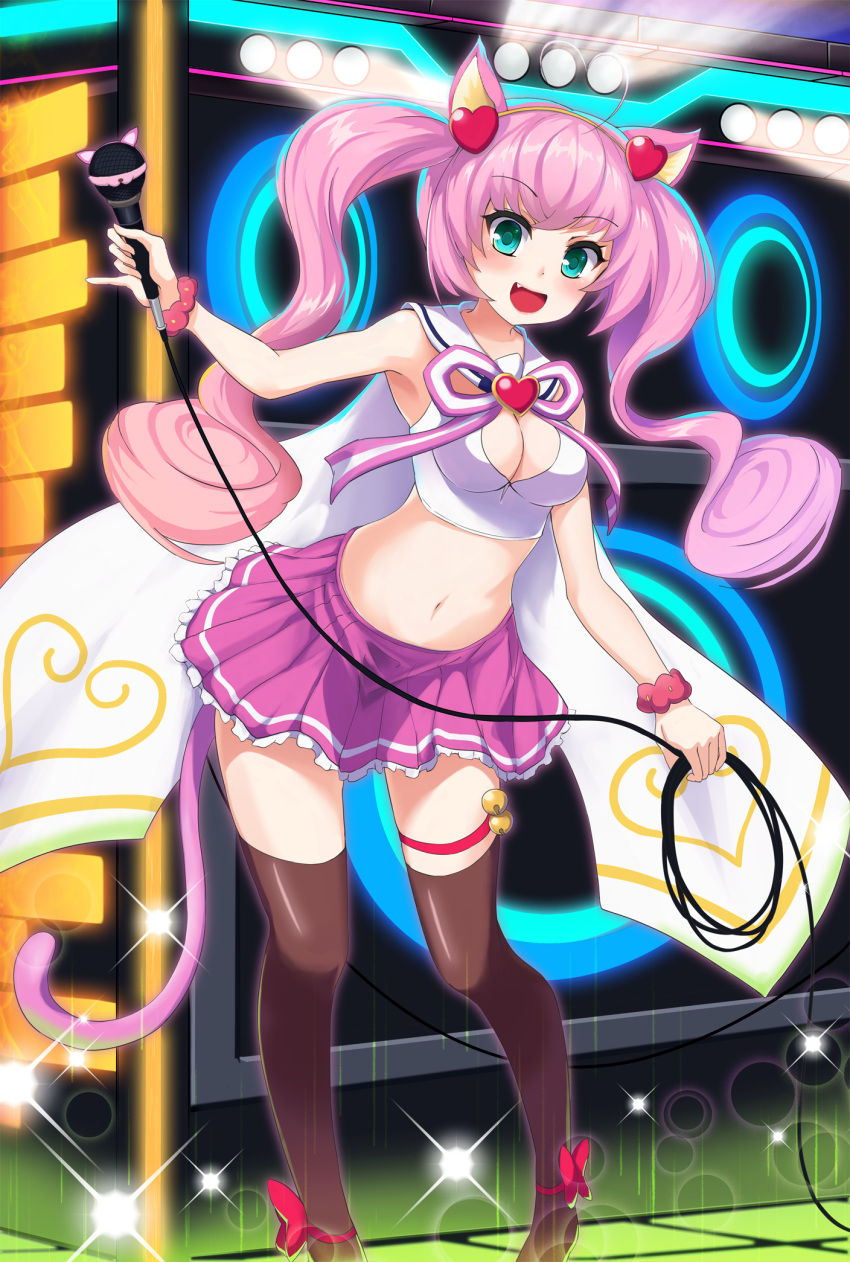 1girl :d ahoge animal_ears bangs bell black_legwear blue_eyes cat_ears cat_tail eruthika fang headband heart highres microphone midriff open_mouth pink_hair ribbon rosia_(show_by_rock!!) show_by_rock!! skirt smile solo stage tail thigh-highs thigh_strap twintails