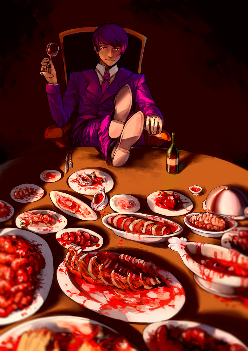 absurdres blood bone brain cannibalism crossed_legs cup eyeball fork formal gehirnkaefer heart_(organ) highres holding_cup intestines jaw knife necktie purple_hair purple_suit suit tokyo_ghoul tray tsukiyama_shuu violet_eyes wine_bottle wine_glass