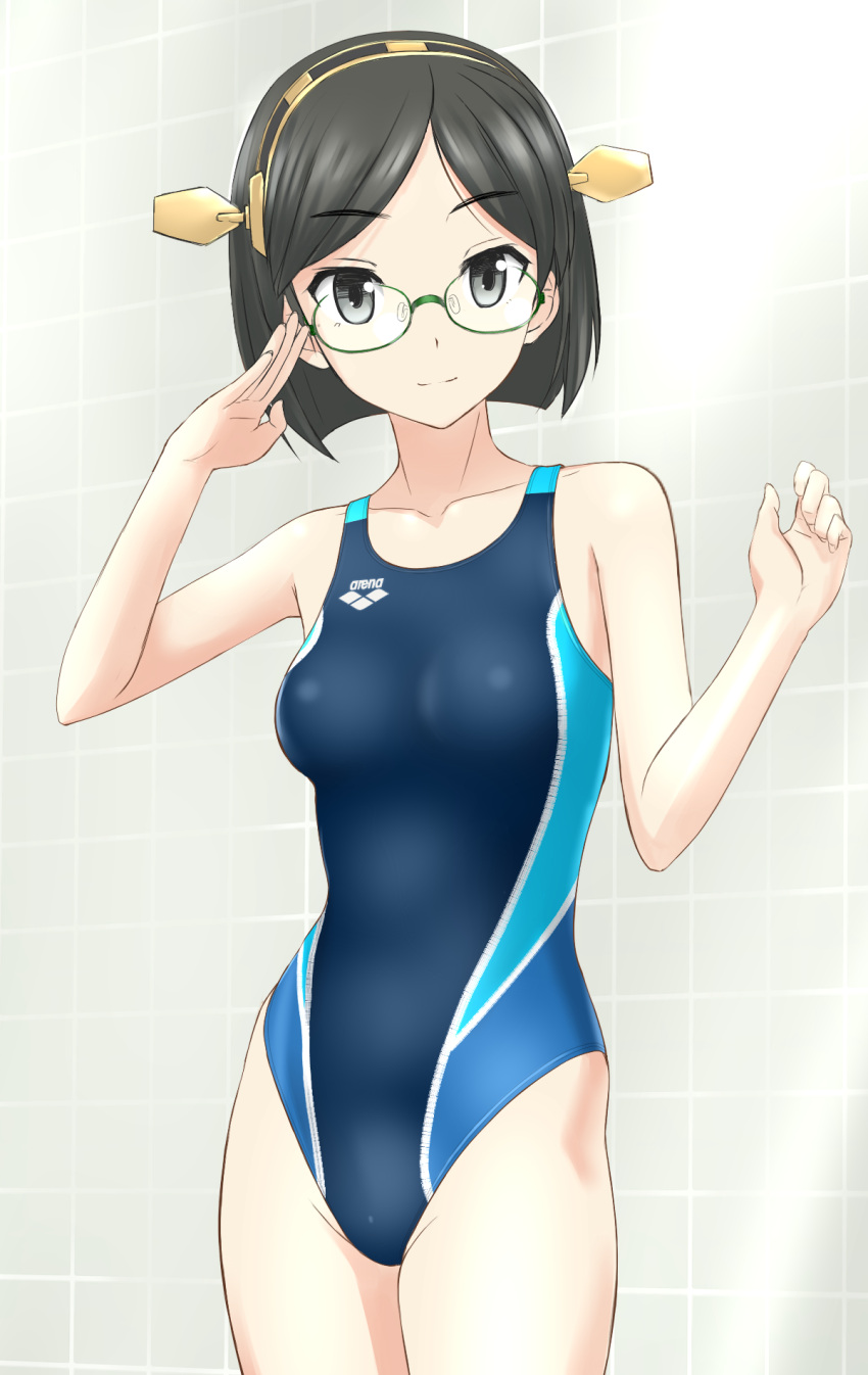 1girl black_eyes black_hair competition_swimsuit glasses highres kantai_collection kirishima_(kantai_collection) one-piece_swimsuit solo swimsuit takafumi