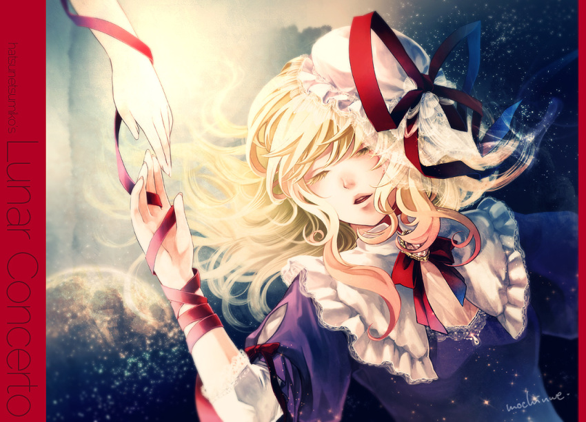 1girl blonde_hair closed_eyes hands hat hat_removed headwear_removed mochinu open_mouth ribbon solo sound_voltex touhou yakumo_yukari