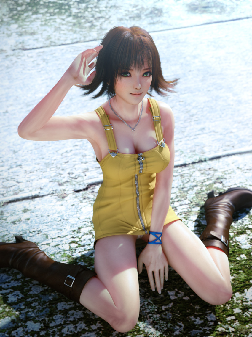 1girl 3d bangs boots breasts brown_footwear brown_hair cleavage closed_mouth dress final_fantasy final_fantasy_viii flipped_hair green_eyes highres incise_soul legs looking_at_viewer m-rs necklace panties selphie_tilmitt short_dress short_hair sleeveless sleeveless_dress smile solo underwear wristband yellow_dress zipper