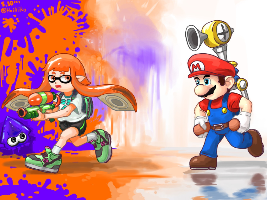 1boy 1girl :o artist_name bike_shorts blue_eyes brown_hair chasing crossover dated f.l.u.d.d. facial_hair gloves hai_to_hickory hat highres inkling mario super_mario_bros. mustache nintendo open_mouth orange_eyes orange_hair overalls paint_splatter reflective_floor shoes short_sleeves splatoon squid super_mario_bros. super_mario_sunshine super_soaker tentacle_hair water_gun white_gloves