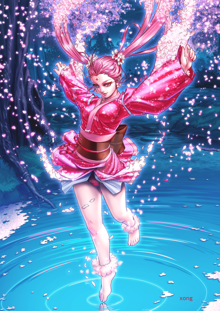 1girl anklet bare_legs barefoot cherry_blossoms earrings facial_mark feet flower flower_anklet forehead_jewel forehead_mark hair_flower hair_ornament highres japanese_clothes jewelry kimono night original pink pink_hair short_kimono short_twintails standing standing_on_water tiptoes tree twintails water xong