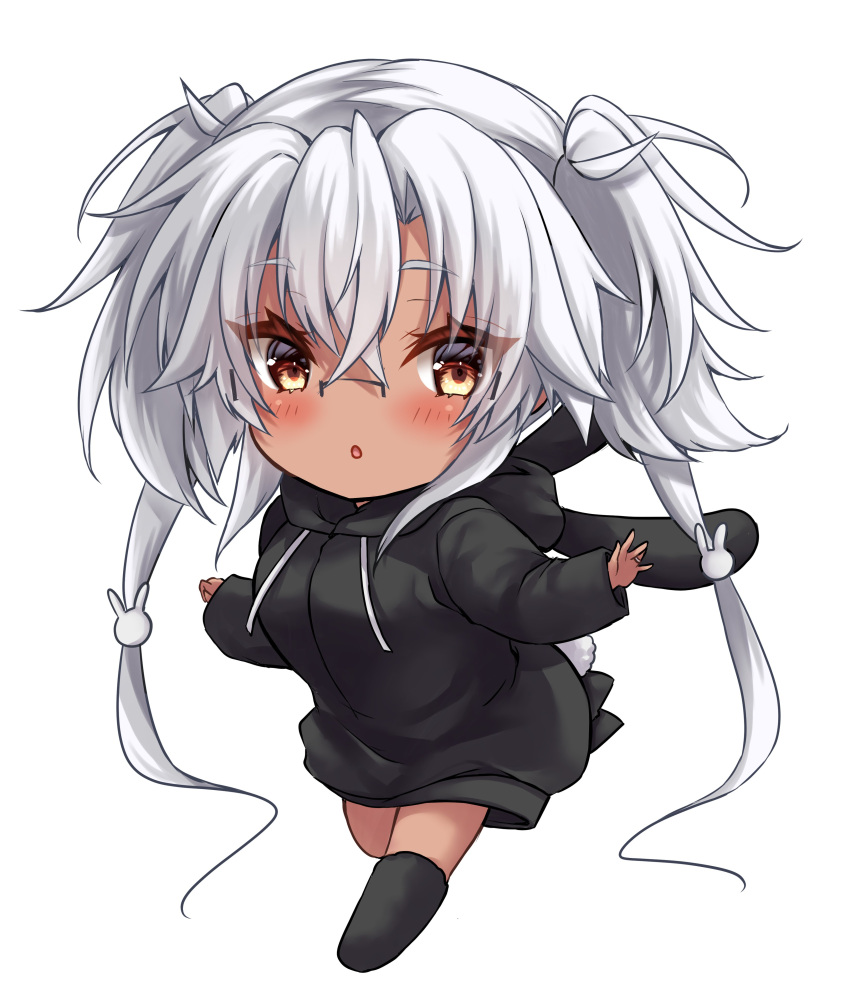 1girl absurdres alternate_costume black_hoodie brown_eyes chibi dark-skinned_female dark_skin glasses grey-framed_eyewear grey_hair hair_between_eyes hair_ornament highres hood hood_down hoodie kantai_collection long_hair long_sleeves mashiro_yukiya musashi_(kancolle) musashi_kai_ni_(kancolle) rabbit_hair_ornament rectangular_eyewear rimless_eyewear semi-rimless_eyewear solo twintails very_long_hair