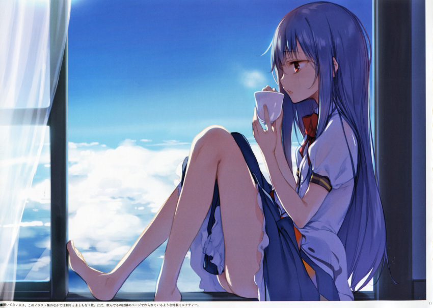 1girl absurdres barefoot blue_hair blush bow bowtie cup curtains dress_shirt highres hinanawi_tenshi holding ke-ta long_hair no_hat open_mouth puffy_short_sleeves puffy_sleeves rainbow_order red_bow red_eyes scan shirt short_sleeves sitting skirt sky solo teacup touhou white_blouse window