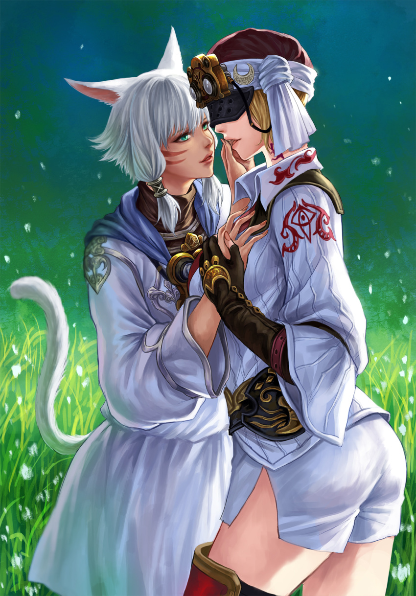 2girls animal_ears blonde_hair blue_eyes cat_ears facial_mark final_fantasy final_fantasy_xiv goggles hand_on_another's_face hat highres mask miqo'te multiple_girls open_mouth pengnangehao short_hair smile tail white_hair y'shtola yda_(ff14) yuri