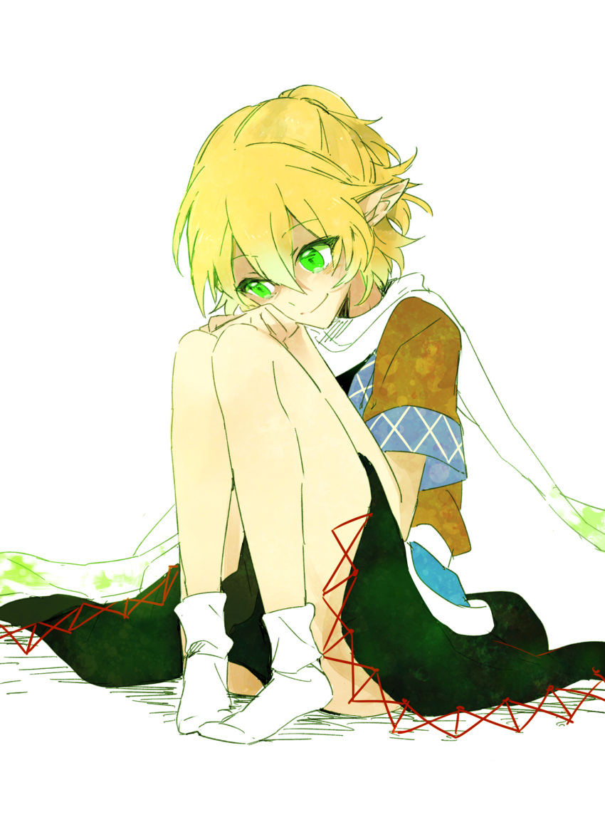 1girl blonde_hair blouse glowing glowing_eyes green_eyes hands_on_knees hands_together highres legs_together mizuhashi_parsee pointy_ears scarf short_hair sitting six_(fnrptal1010) sketch skirt smile socks solo touhou white_background