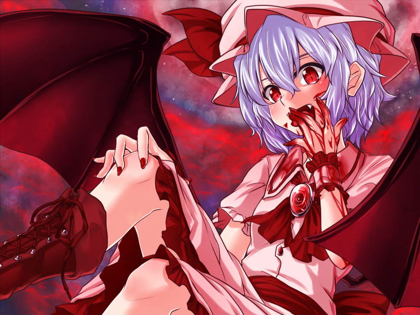 1girl benizuwai blood blood_on_face blood_splatter boots commentary_request dress hair_between_eyes hand_on_knee highres lavender_hair licking_hand looking_at_viewer mob_cap open_mouth pink_dress red_background red_eyes remilia_scarlet short_hair sitting slit_pupils touhou vampire