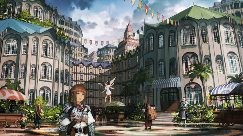 armor banner building cart clouds fairy fantasy flying highres jumpei99 original palm_tree plant scenery tree wings
